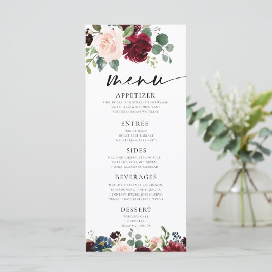 Boho Burgundy Blush Menu Menükarte (Stehend Vorderseite)