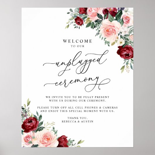 Boho Burgundy Blush Unplugged Zeremonie Hochzeit Poster (Vorne)