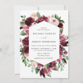 Boho Burgundy & Blush Wasserfarben Hochzeit mit Bl Einladung (Vorderseite)