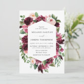 Boho Burgundy & Blush Wasserfarben Hochzeit mit Bl Einladung (Stehend Vorderseite)