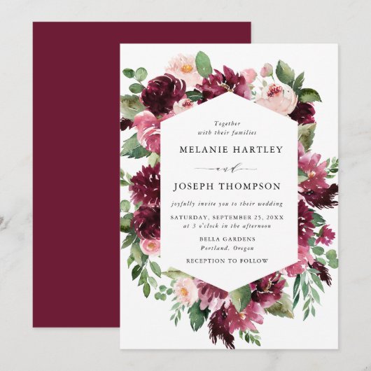 Boho Burgundy & Blush Wasserfarben Hochzeit mit Bl Einladung (Vorne/Hinten)