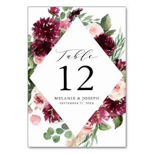 Boho Burgundy & Blush Wasserfarben Hochzeit mit Bl Tischnummer