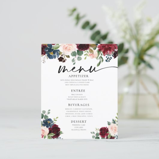 Boho Burgundy Blush Wedding Flat Menu (Stehend Vorderseite)