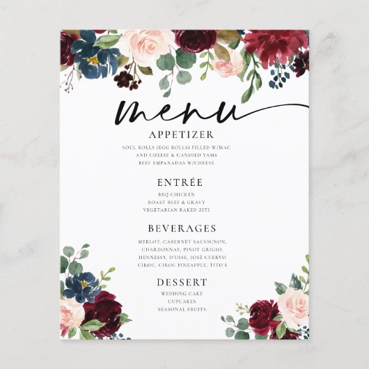 Boho Burgundy Blush Wedding Flat Menu (Vorderseite)