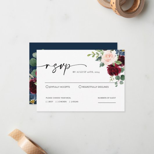 Boho Burgundy Blush Wedding RSVP Card Mitteilungskarte (Vorderseite/Rückseite Beispiel)