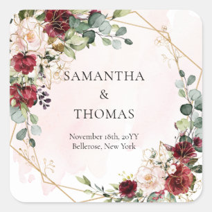 Boho burgundy Blütengoldene geometrische Hochzeit Quadratischer Aufkleber