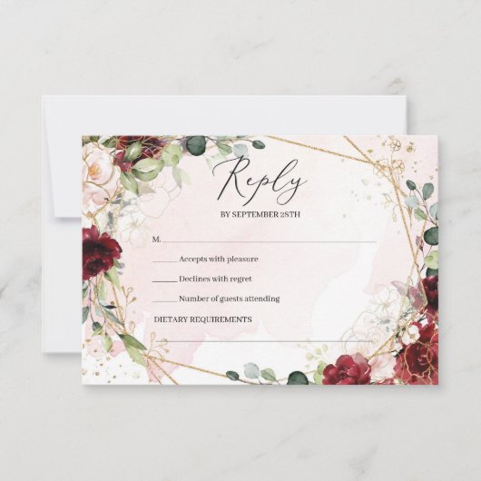 Boho burgundy Blütengoldene geometrische Hochzeit RSVP Karte (Vorderseite)
