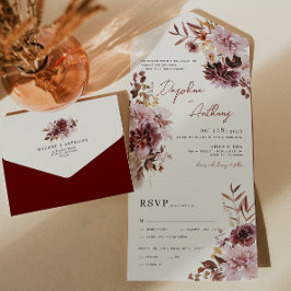 Boho Burgundy Dahlia All in One Wedding Einladung
