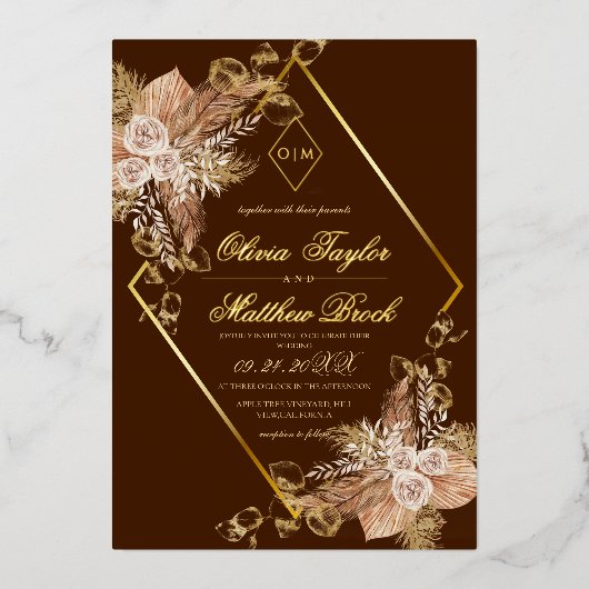Boho Burgundy Diamond Gold Wedding Foil Folieneinladung (Vorderseite)