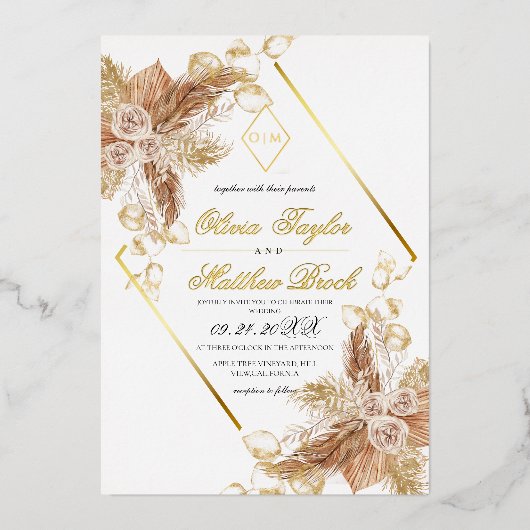 Boho Burgundy Diamond Gold White Wedding Foil Folieneinladung (Vorderseite)
