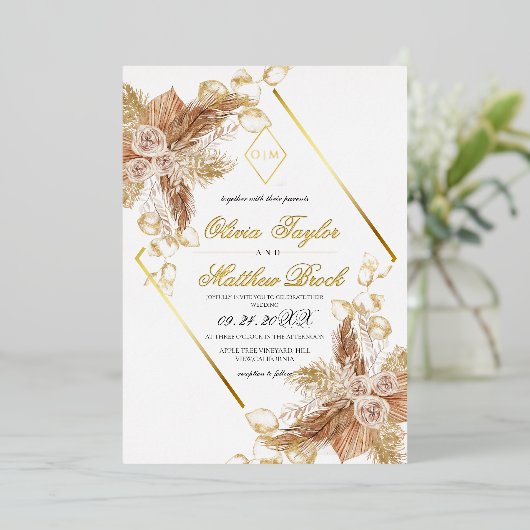Boho Burgundy Diamond Gold White Wedding Foil Folieneinladung (Stehend vorne)