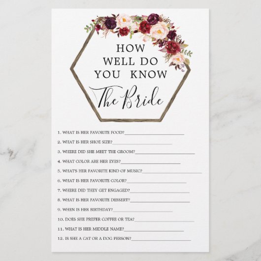 Boho Burgundy Double Side Brautparty Games (Vorderseite)