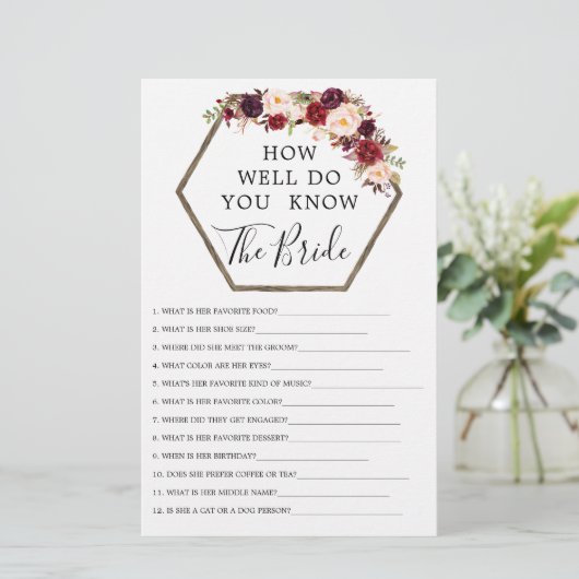 Boho Burgundy Double Side Brautparty Games (Stehend Vorderseite)