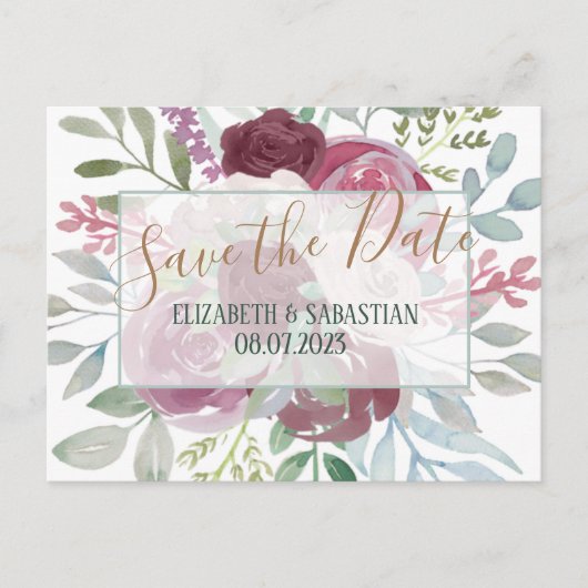 Boho Burgundy & Dusty Blue Floral Save the Date Ankündigungspostkarte (Vorderseite)