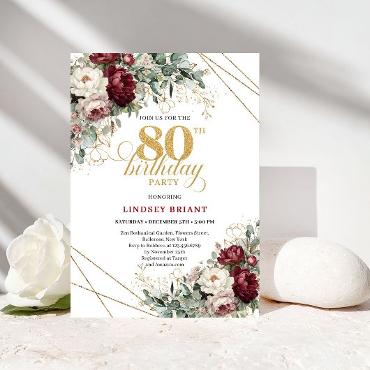 Boho Burgundy Eucalyptus Floral 80th Birthday Einladung