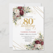 Boho Burgundy Eucalyptus Floral 80th Birthday Einladung (Vorderseite)