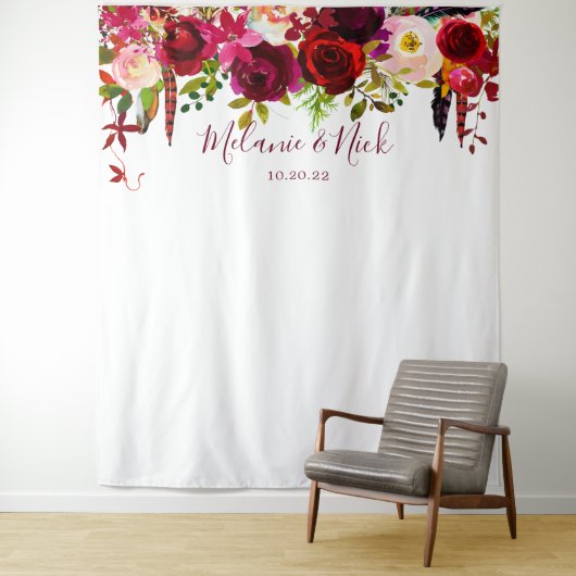 Boho Burgundy feathers Floral Foto Hintergrund Wandteppich (Beispiel)