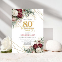 Boho Burgundy Floral 80th Birthday Invitation