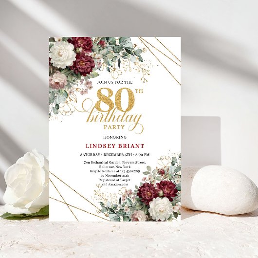 Boho Burgundy Floral 80th Birthday Invitation Einladung