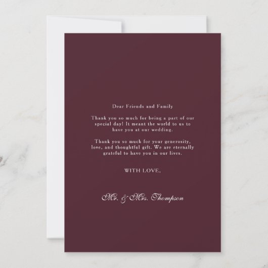 Boho Burgundy Floral Border Foto Wedding Dankeskarte (Rückseite)