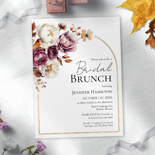 Boho Burgundy Floral Gold Arc Fall Bridal Brunch Einladung