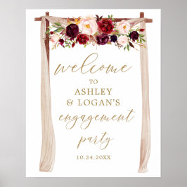 Boho Burgundy Floral Marsala Engagement Party Poster