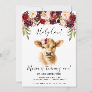 Boho Burgundy Floral Peony Highland Cow Birthday Einladung