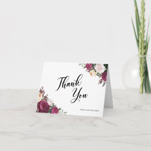 Boho Burgundy Floral Script Wedding Dankeskarte (Vorderseite)