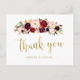 Boho Burgundy Floral Wedding Vielen Dank Postkarte