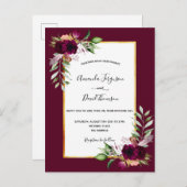 Boho burgundy florals Gold Einladung zur Hochzeit Postkarte (Vorne/Hinten)