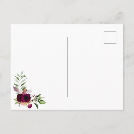 Boho burgundy florals Gold Einladung zur Hochzeit Postkarte (Rückseite)
