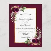 Boho burgundy florals Gold Einladung zur Hochzeit Postkarte (Vorderseite)