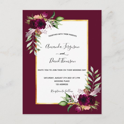 Boho burgundy florals Gold Einladung zur Hochzeit Postkarte (Vorderseite)