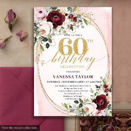 Boho Burgundy Gold Oval Floral 60th Birthday Card Einladung