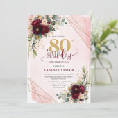 Boho Burgundy Gold Rose 80. Geburtstag Einladung (Stehend Vorderseite)