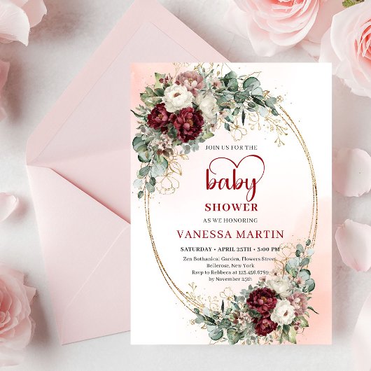 Boho Burgundy Greenery Heart-Shaped Font Baby Show Einladung