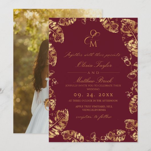 Boho Burgundy Leaf | Elegante Hochzeit im Herbst Einladung (Vorne/Hinten)