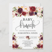 Boho burgundy Marsala Blütengold Baby Brunch Einladung (Vorderseite)