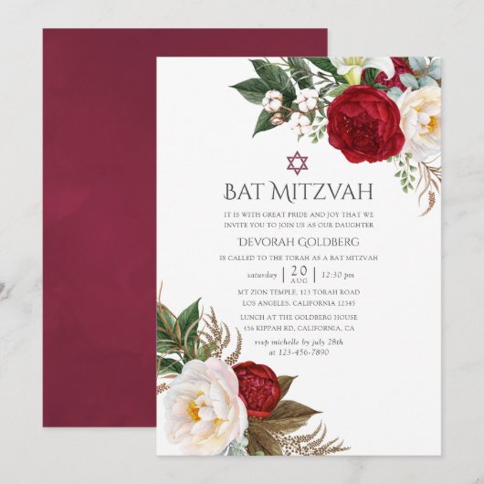 Boho Burgundy - Marsala Floral Bat Mitzvah Einladung (Vorne/Hinten)