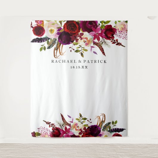 Boho Burgundy Marsala Floral Wedding Background Wandteppich (Vorderseite)