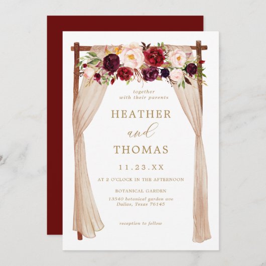 Boho Burgundy Marsala Floral Wedding Einladung (Vorne/Hinten)