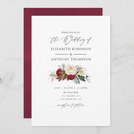 Boho Burgundy - Marsala Floral Wedding Einladung (Vorne/Hinten)