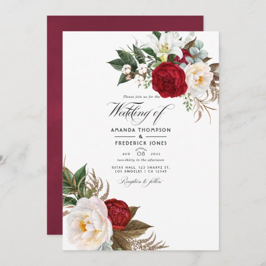Boho Burgundy - Marsala Floral Wedding Foto Einladung (Vorne/Hinten)