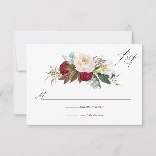 Boho Burgundy - Marsala Floral Wedding RSVP Karte (Vorderseite)