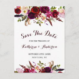 Boho Burgundy Marsala Floral Wedding Save the Date Ankündigungspostkarte