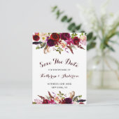 Boho Burgundy Marsala Floral Wedding Save the Date Ankündigungspostkarte (Stehend Vorderseite)