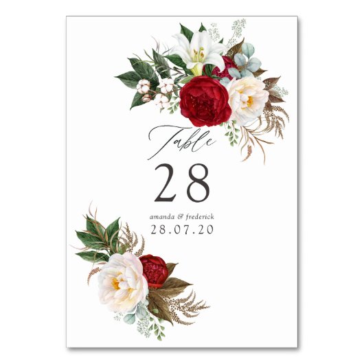 Boho Burgundy - Marsala Floral Wedding Tischnummer (Vorderseite)