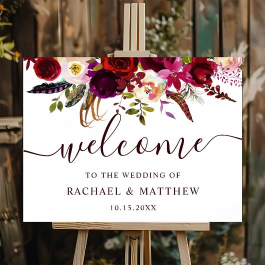 Boho Burgundy Marsala Floral Wedding Welcome Sign Poster