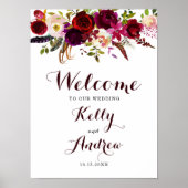 Boho Burgundy Marsala Floral Welcome Wedding Sign Poster (Vorne)