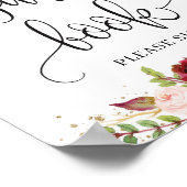 Boho burgundy marsala florale Gold Gästebuchzeiche Poster (Ecke)